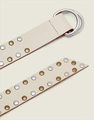 Detail shot of the Extra Long Belt in white leather with silver and gold studs