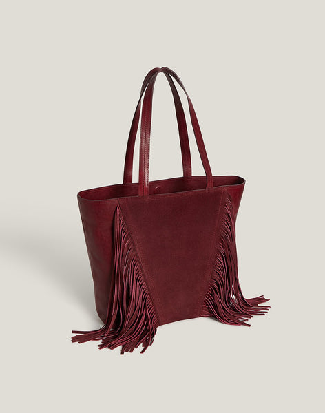Bucket Bag with Fringes in Burgundy Suede
