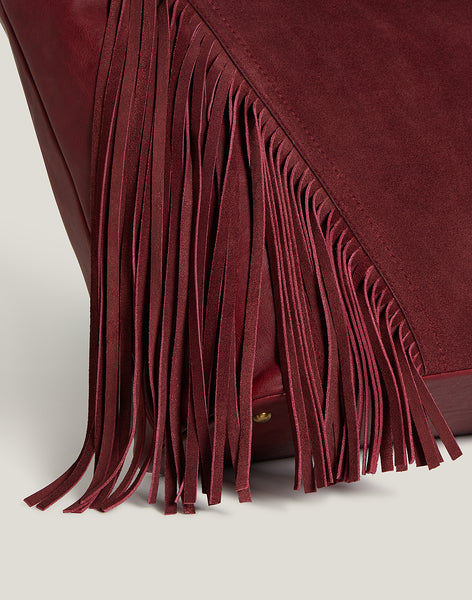 Bucket Bag with Fringes in Burgundy Suede