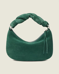 Front shot of the Crescent Bag In Green Suede 