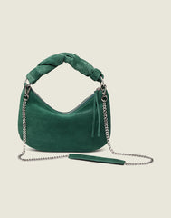 Front shot of the Crescent Bag In Green Suede with chain