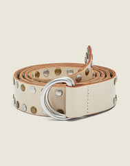 Front shot of the Extra Long Belt in white leather with silver and gold studs
