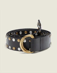 Front shot of the Extra Long Belt in black leather with silver and gold studs