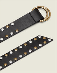 Detail shot of the Extra Long Belt in black leather with silver and gold studs