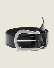 Front shot of the buckle on the Vintage Belt in black leather