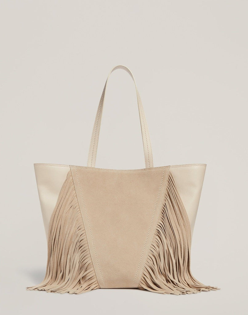 Front shot of the Cascade Fringe Tote in Vanilla