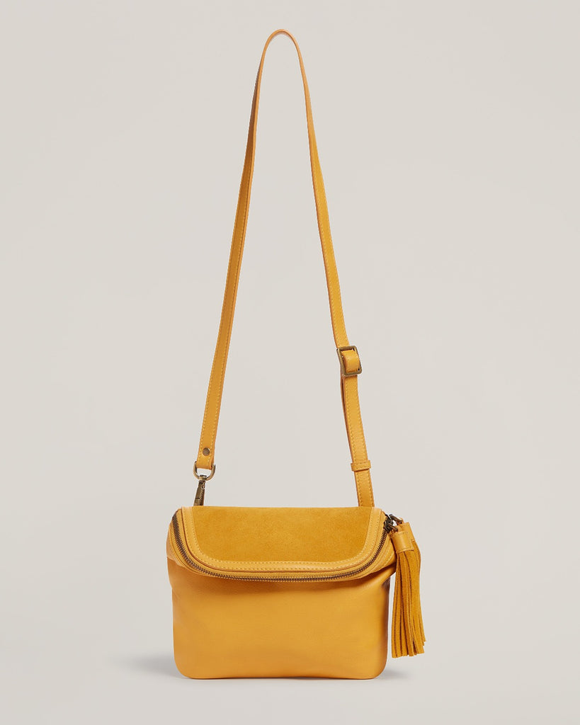 Front shot of Convertible Fringe Belt Bag in Saffron