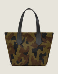 FRONT SHOT OF THE TAB TOTE IN CAMO HAIR CALF
