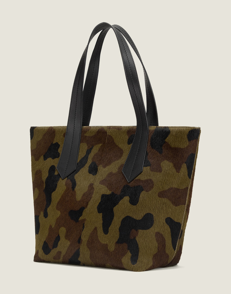 SIDE SHOT OF THE TAB TOTE IN CAMO HAIR CALF