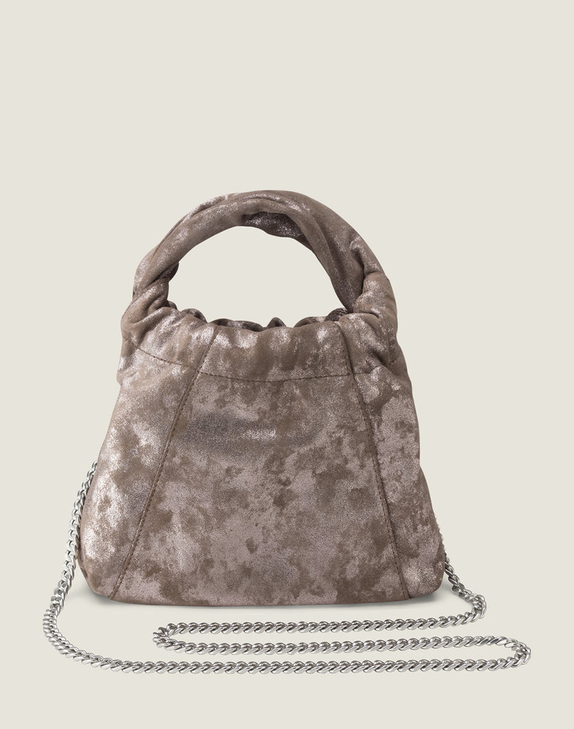 Front shot of Twist Handle Mini with Chain Strap in Rose Gold Metallic featuring removable chain strap