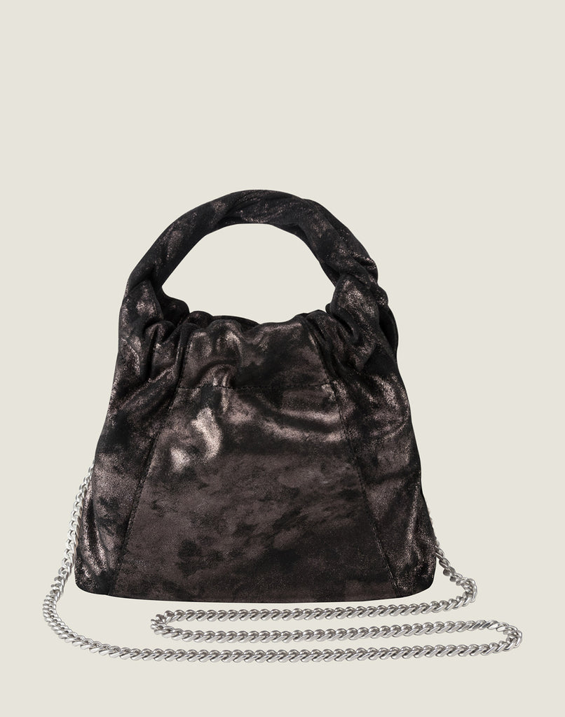 Front shot featuring removable chain of Twist Handle Mini with Chain Strap in Black Metallic 