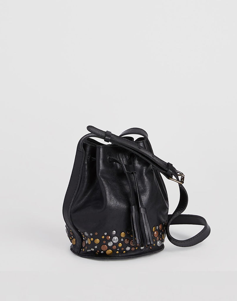 Side shot of Mini Hammered Stud Bucket Bag in Black
