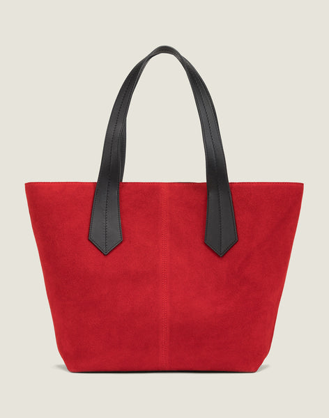 FRONT SHOT OF THE TAB TOTE IN RED SUEDE