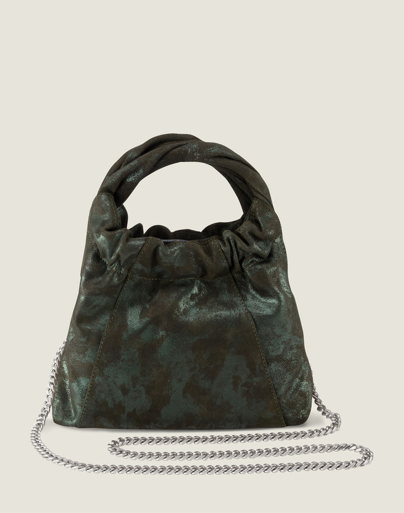 Front shot of Twist Handle Mini with Chain Strap in Green Metallic featuring removable chain strap