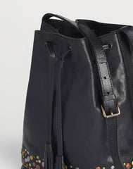 Detail side shot of Black Hammered Stud Bucket Bag