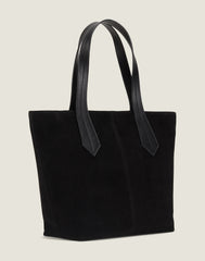 SIDE SHOT OF THE TAB TOTE IN BLACK SUEDE