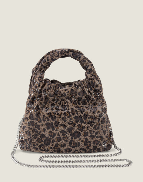 Front shot of Twist Handle Mini with Chain Strap in Cheetah featuring removable chain strap