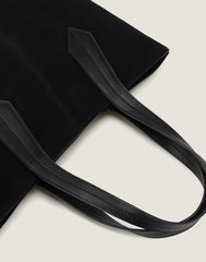 LEATHER HANDLE SHOT OF THE TAB TOTE IN BLACK SUEDE