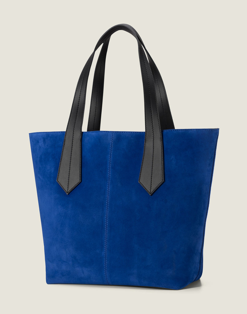 Side shot of the Tab Tote in Blue Suede