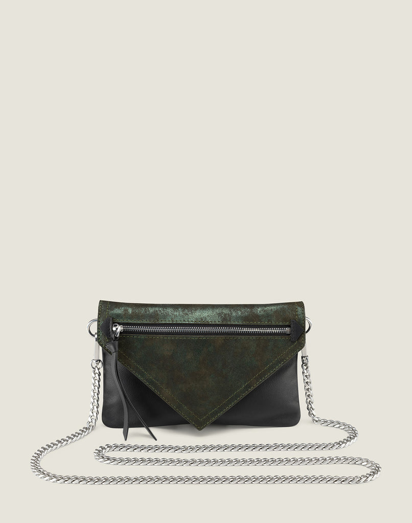 Front shot of Wearable Wallet Belt Bag with Chain Strap in Green Metallic with chain strap