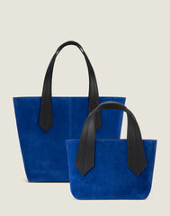 Front shot of Tab Tote Mini in Blue Suede and Tab Tote  in Blue Suede