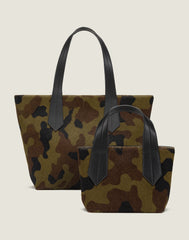 FRONT SHOT OF THE TAB TOTE IN CAMO HAIR CALF AND THE OF THE TAB TOTE  MINI IN CAMO HAIR CALF