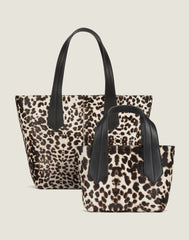 FRONT SHOT OF THE TAB TOTE MINI IN SNOW LEOPARD AND TAB TOTE IN SNOW LEOPARD