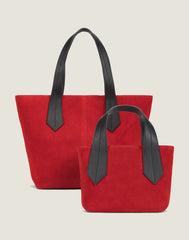 FRONT SHOT OF THE TAB TOTE MINI IN RED SUEDE AND THE TAB TOTE IN RED SUEDE