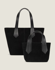 FRONT SHOT OF THE TAB TOTE MINI IN BLACK SUEDE AND OF THE TAB TOTE IN BLACK SUEDE