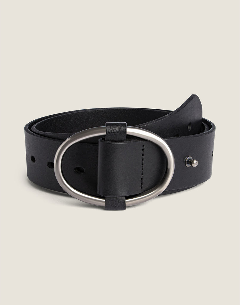 FRONT SHOT OF THE BLACK ANY-WEAR BELT ROLLED FEATURING SILVER HARDWARE