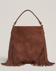 FRONT SHOT OF Cascade Fringe Hobo in Chocolate