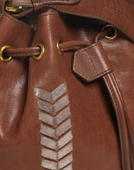 Detail of lace on Laced Up Leather Bucket in Chocolate