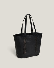 Side shot of Laced Up Leather Tote in Black